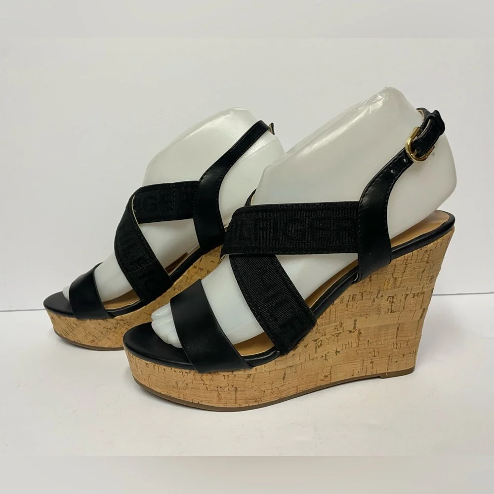 Tommy Hilfiger kezno vegan Black Wedge Sandals heels crisscross cork 6.5